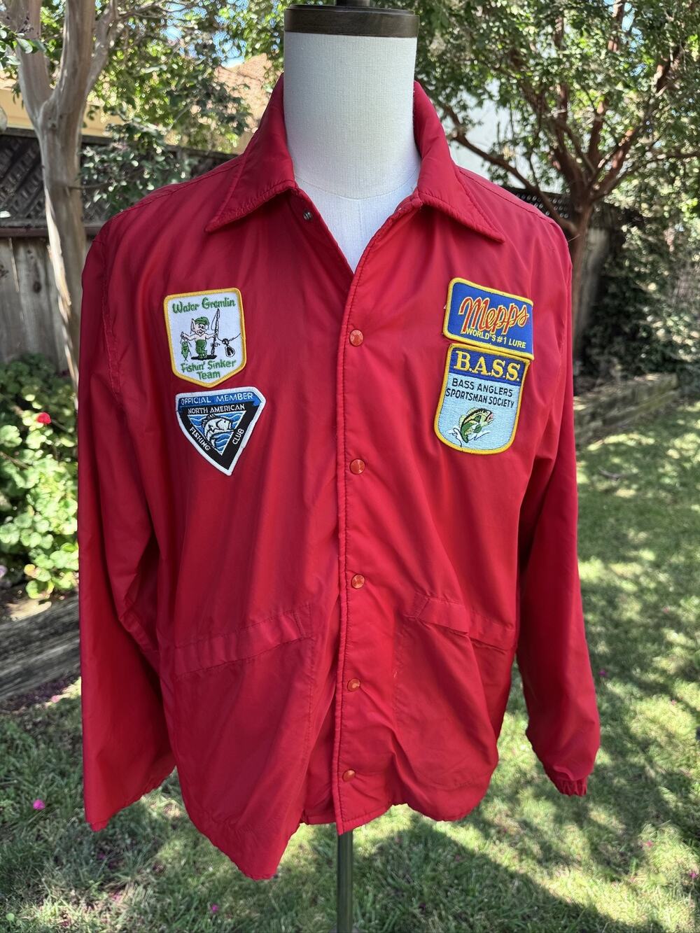 Vtg 70's Pla-Jac Fishing Jacket Red Size 40-M-42 Nylon Mepps B.A.S.S. Patches
